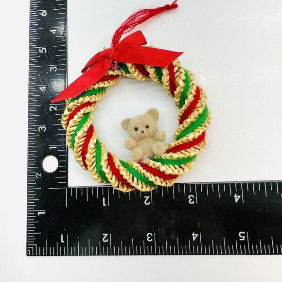 Vintage Christmas Ornament Straw Wreath With Teddy Bear Green & Red Wool Strings - Picture 11 of 12